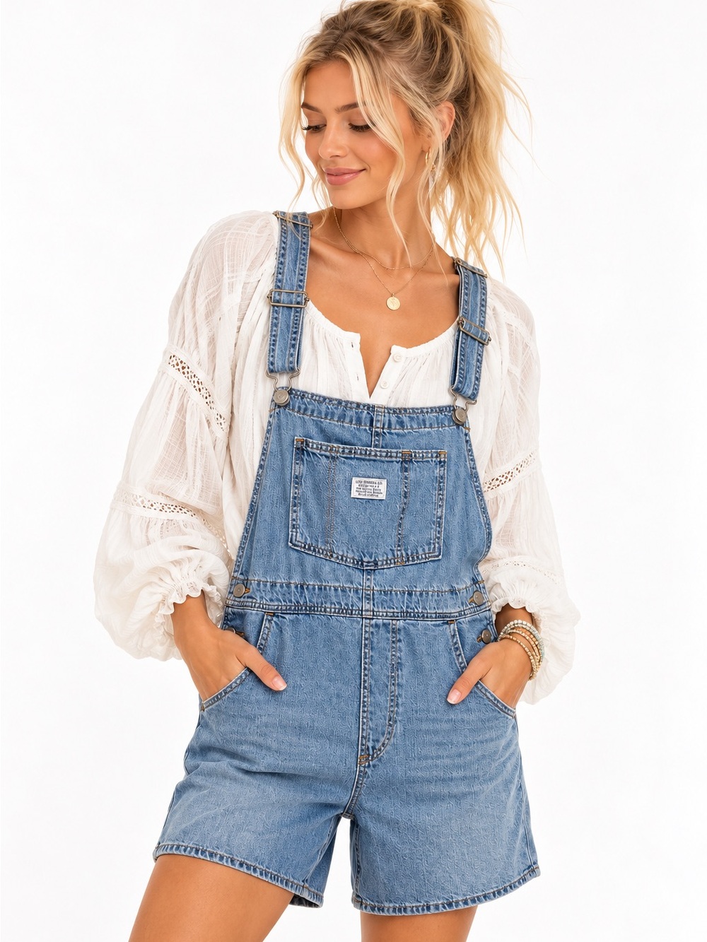 Levi’s Two Horse Brand Denim Shortalls Women’s M Bib Overall Shorts Blue